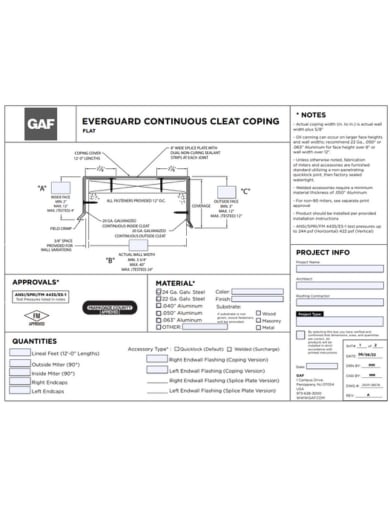 EverGuard Continuous Cleat Coping Flat Order Specs