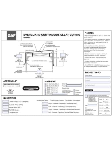 EverGuard Continuous Cleat Coping Tapered Order Specs