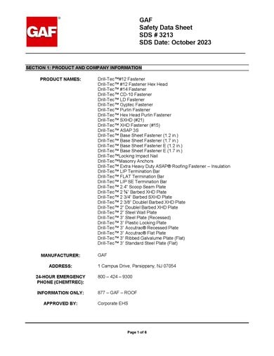 Drill-Tec Fasteners and Termination Bars SDS - 3213