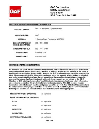 Drill‑Tec™ Polymer GypTec® Fasteners SDS - 3210