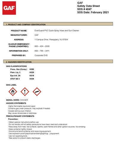 EverGuard® PVC Quick‑Spray Adhesive Hose and Gun Cleaner SDS - 4047