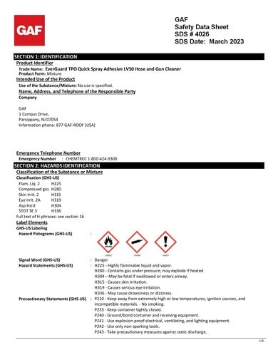 EverGuard TPO Quick-Spray Adhesive LV50 Hose and Gun Cleaner SDS - 4026