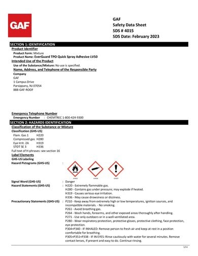 EverGuard TPO Quick-Spray LV50 Adhesive SDS - 4015
