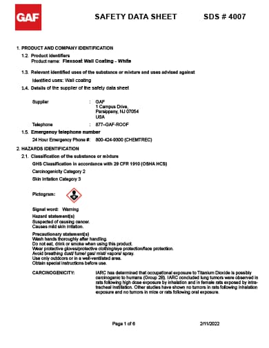 FlexCoat Wall Coating SDS - 4007