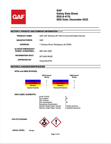 GAF LRF Adhesive XF Part A 15 and 50 Gallon Drums SDS - 4179
