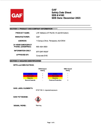 GAF LRF Adhesive XF Part B 15 and 50 Gallon SDS - 4180