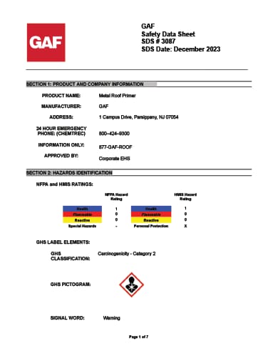 GAF Metal Roof Primer Safety Data Sheet - 3087