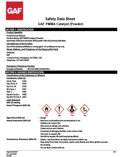 GAF PMMA Catalyst Powder SDS - 4002