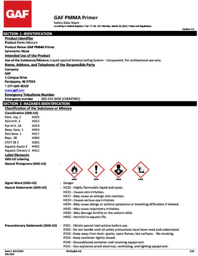 GAF PMMA Primer SDS - 4224
