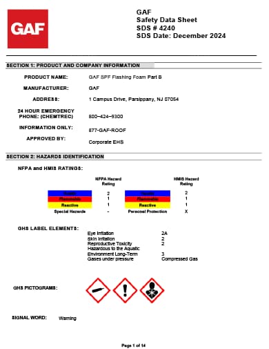 GAF SPF Flashing Foam Part B SDS - 4240