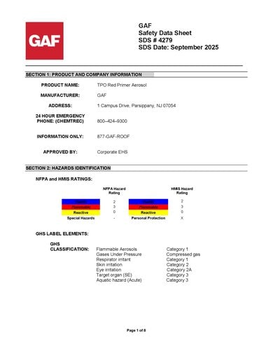 GAF TPO Red Primer Aerosol SDS - 4279