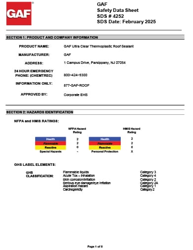 GAF Ultra Clear Thermoplastic Roof Sealant SDS - 4252