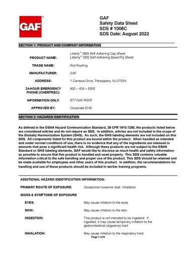 Liberty SBS Self-Adhering Base/Ply & Cap Sheet SDS - 1008C