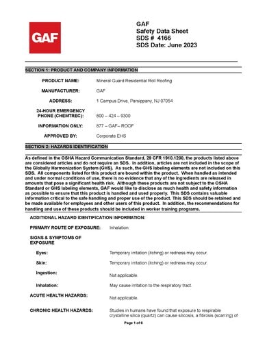 Mineral Guard Residential Roll Roofing SDS - 4166