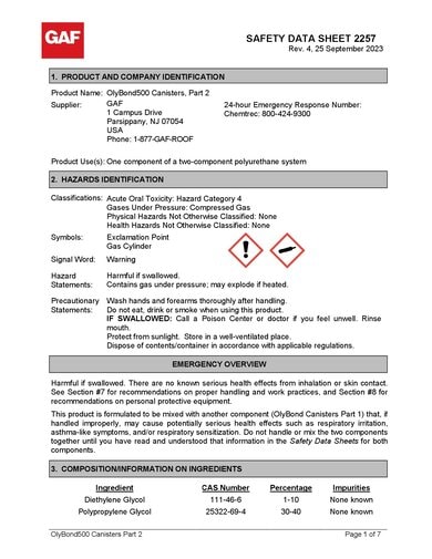 OlyBond500 Roofing Adhesive Equipment-Free Canister System Part 2 SDS - 2257