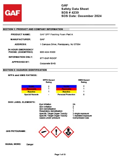 GAF SPF Flashing Foam Part A SDS - 4239