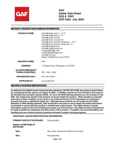 Ridge Ventilation SDS - 2203