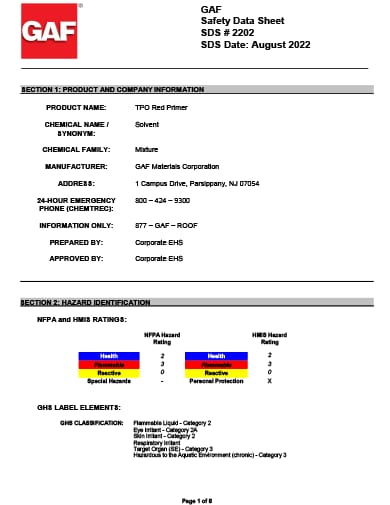 GAF TPO Red Primer SDS - 2202