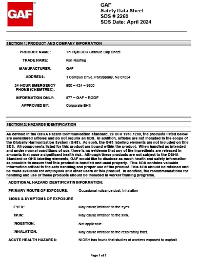 Tri-Ply® BUR Granule Cap Sheet SDS - 2269