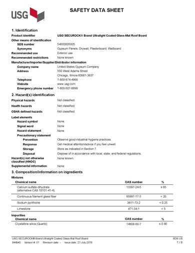 USG Securock® Brand Ultralight Coated Glass-Mat Roof Board SDS - 4125