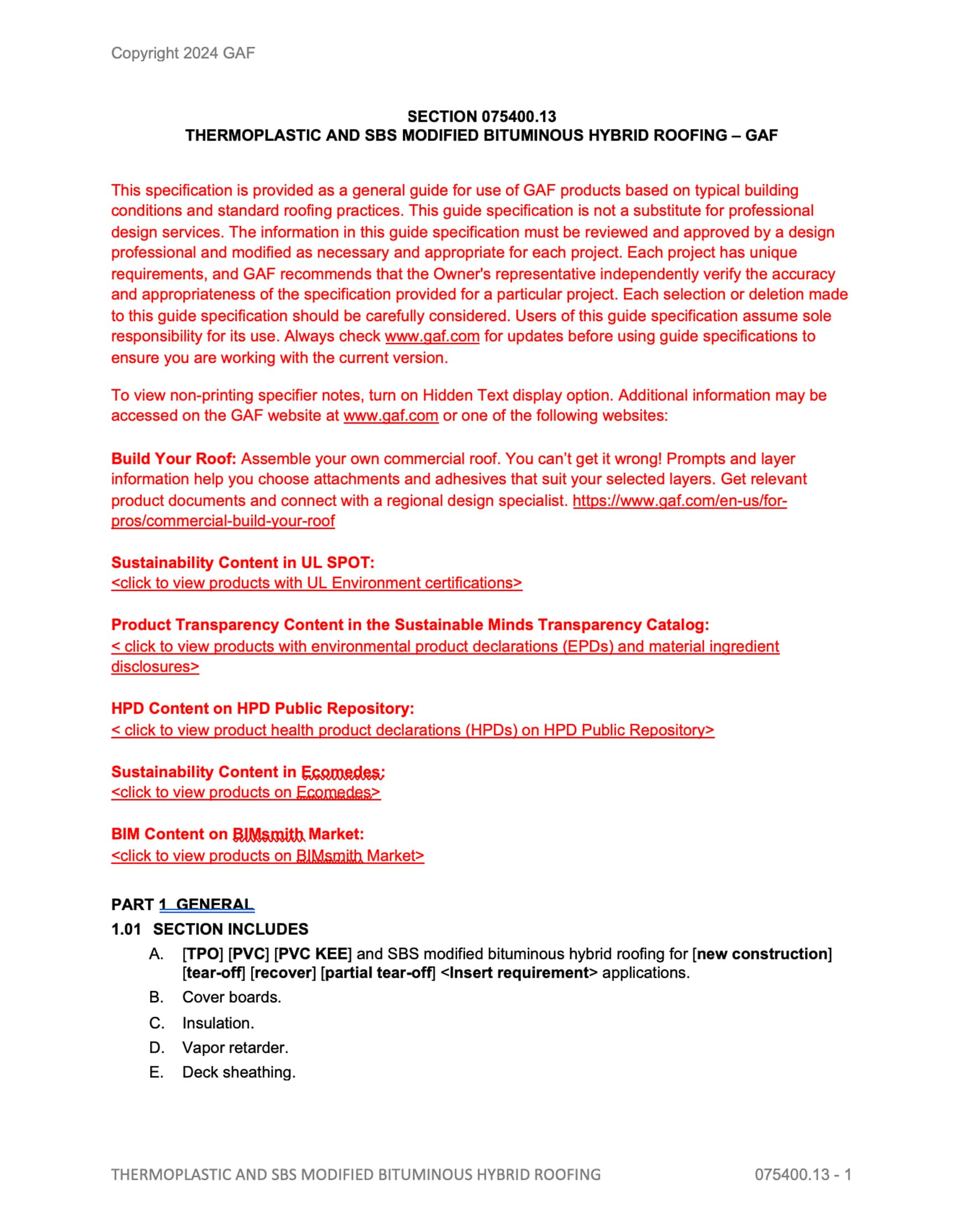 GAF Hybrid 3-Part Master Specification