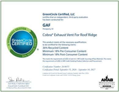 Cobra Exhuast Vent for Roof Ridge GreenCircle Recycled Content Certification