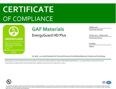 EnergyGuard HD Plus GreenGuard Gold Certificate