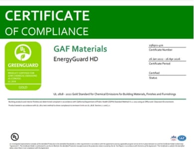 EnergyGuard HD GreenGuard Gold Certificate