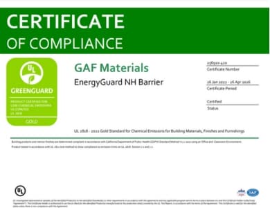 EnergyGuard NH Barrier GreenGuard Gold Certificate