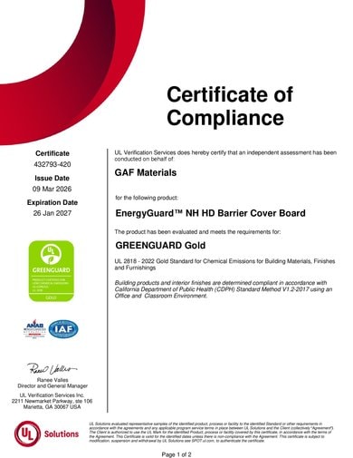 EnergyGuard NH HD Barrier Cover Board GreenGuard Gold Certificate