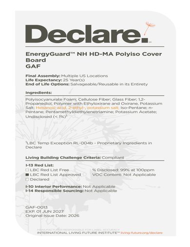 EnergyGuard NH HD-MA Polyiso Cover Board Declare Label