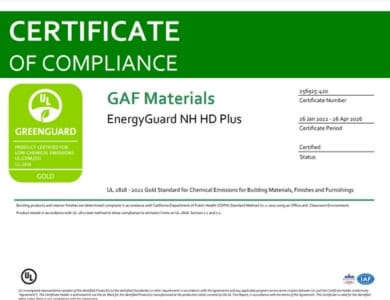 EnergyGuard NH HD Plus GreenGuard Gold Certificate