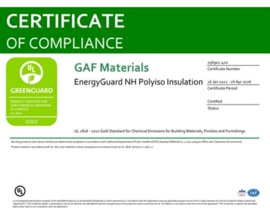 EnergyGuard NH Polyiso Insulation GreenGuard Gold Certificate