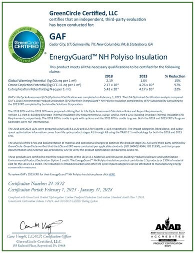 EnergyGuard NH Polyiso Insulation LCA Optimized Certification