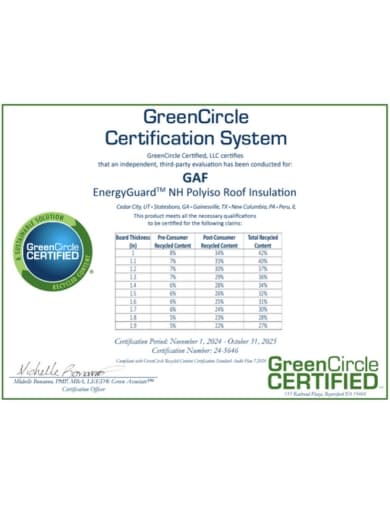 EnergyGuard NH Polyiso Roof Insulation GreenCircle Recycled Content Certifications