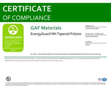 EnergyGuard NH Tapered Polyiso GreenGuard Gold Certificate