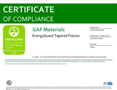 EnergyGuard Tapered Polyiso GreenGuard Gold Certificate