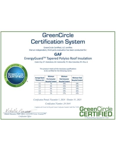 EnergyGuard Tapered Polyiso Roof Insulation GreenCircle Recycled Content Certifications