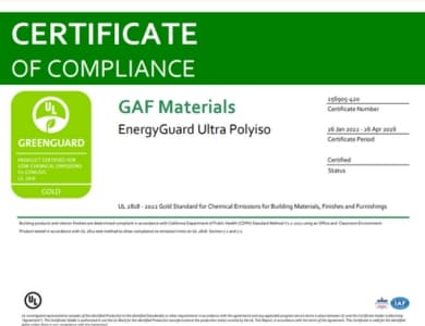 EnergyGuard Ultra Polyiso GreenGuard Gold Certificate