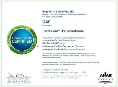 EverGuard TPO and EverGuard TPO Fleeceback GreenCircle Recycled Content Certifications