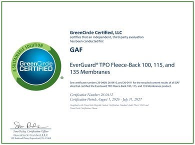 EverGuard TPO Fleece‑back 100 115 and 135 Membranes GreenCircle Recycled Content Certification