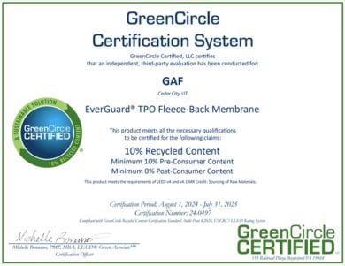 EverGuard TPO and EverGuard TPO Fleeceback GreenCircle Recycled Content Certifications