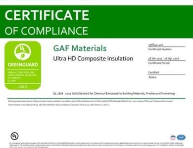 Ultra HD Composite Insulation GreenGuard Gold Certificate