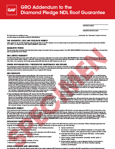 GRO Addendum to the EverGuard Diamond Pledge NDL Roof Guarantee COMTS725 (2-23)