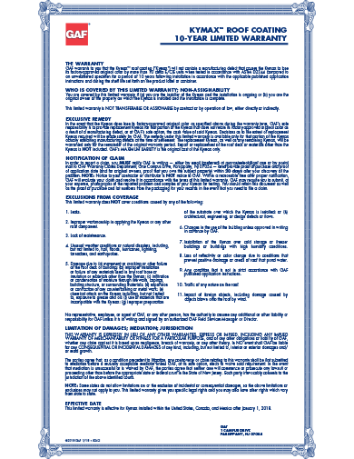 Kymax Roof Coating 10-Year Limited Warranty