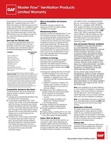 Master Flow NON-POWERED Ventilation Products Limited Warranty TRILINGUAL - RESWT188