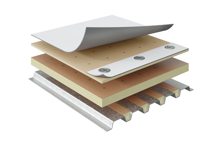 Commercial roofing material layers in EnergyGuard™ HD-MA mechanically attached single-ply systems.