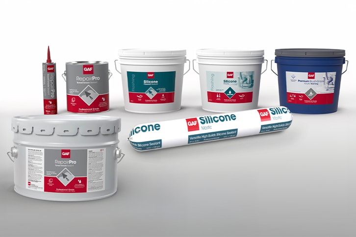 A collection of GAF roof repair and maintenance liquid-applied products and sealants