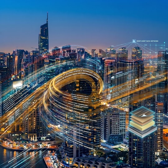 A futuristic digital rendering of a city skyline at night with glowing light trails.