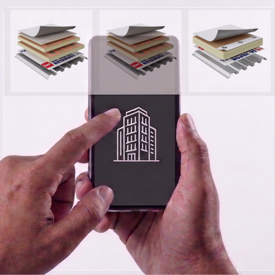 A smartphone screen displaying three customized commercial roofing assembly recommendations based on user input.